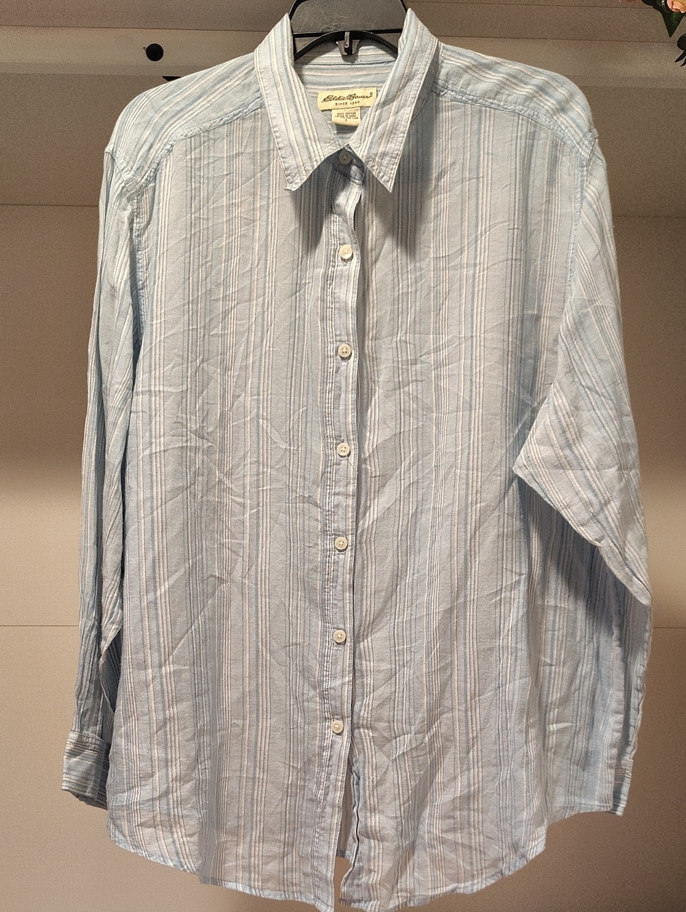 Eddie Bauer Light Blue and White Striped Button-Down Shirt
